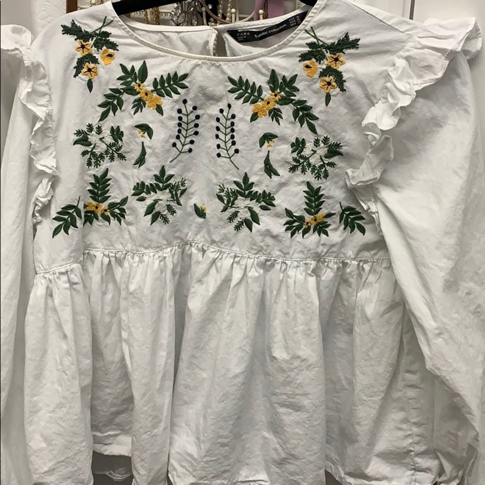 ZARA EMBROIDERED RUFFLE BLOUSE